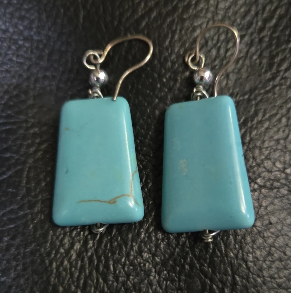 Turquoise natural large chunk hand wrapped sterling silver earrings - Picture 3 of 6